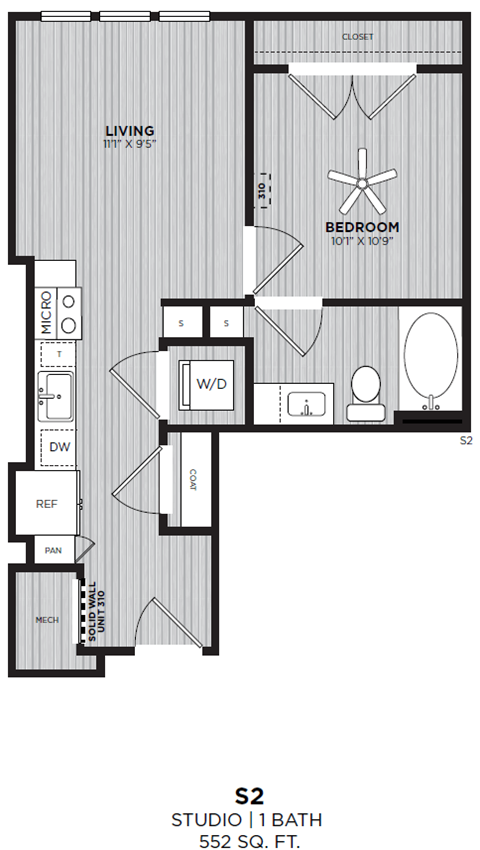 Floor plan for studio, 1 bath, 552 sqft